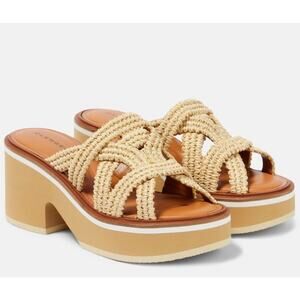 Clergerie Chermy Raffia Platform Mules Beige Natural Size 36